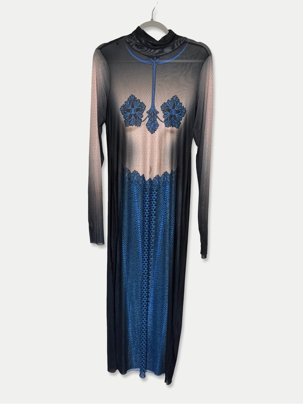 AFRM Black & Cobalt Blue Sheer Mesh Maxi Dress XL Floral Bodycon